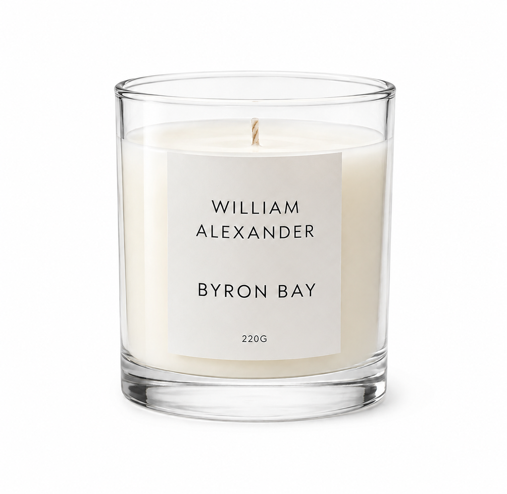 Byron Bay Luxury Candle 220g, warm sandalwood and cedar home fragrance