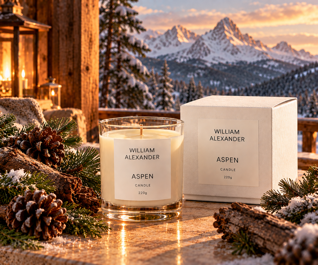 Aspen Christmas candle and gift box on a windowsill in a snowy mountain cabin with pine cones and fir