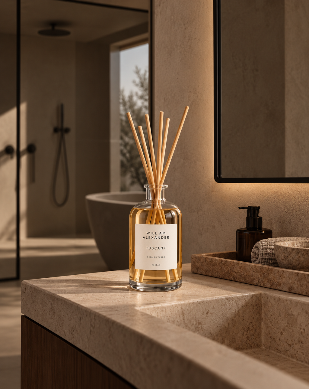 Large Reed Diffuser 1000ml beside a stone basin in a spa-style bathroom