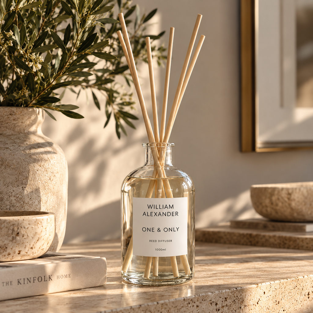 Large Reed Diffuser 1000ml on a hallway console with olive branches and warm light