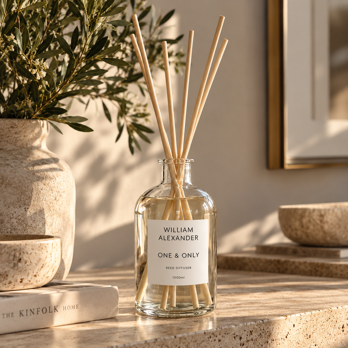 Large Reed Diffuser 1000ml on a hallway console with olive branches and warm light