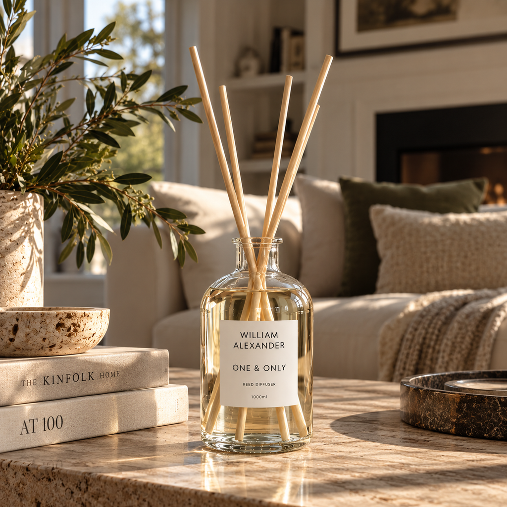 Large Reed Diffuser 1000ml on a living room coffee table with books and olive branches