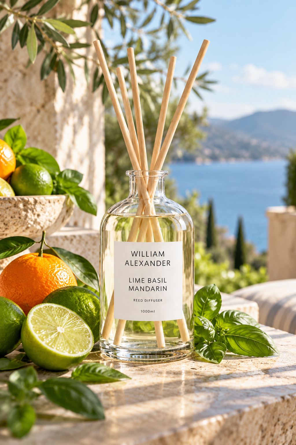 Lime Basil Mandarin Large Reed Diffuser 1000ml styled in a Mediterranean setting with lemons