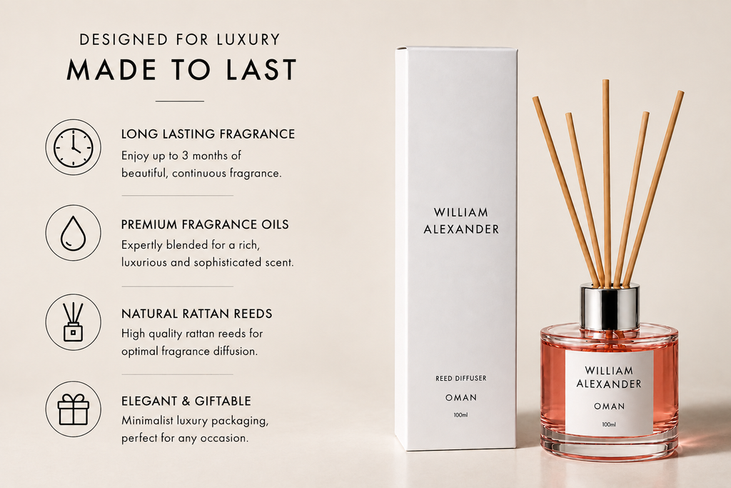 Oman Rose Oud Reed Diffuser 120ml features - long lasting fragrance, premium fragrance oils, natural rattan reeds and recyclable gift packaging