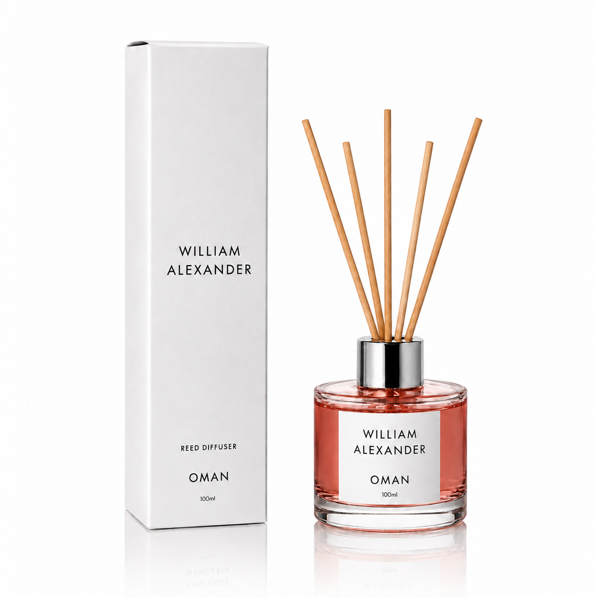 Oman Rose Oud Reed Diffuser 120ml beside its William Alexander signature gift box