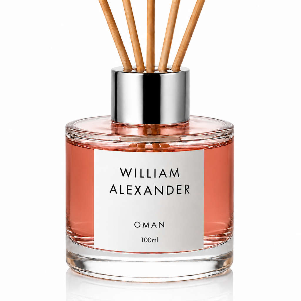 William Alexander Oman Rose Oud Reed Diffuser 120ml with natural rattan reeds - rose and oud home fragrance