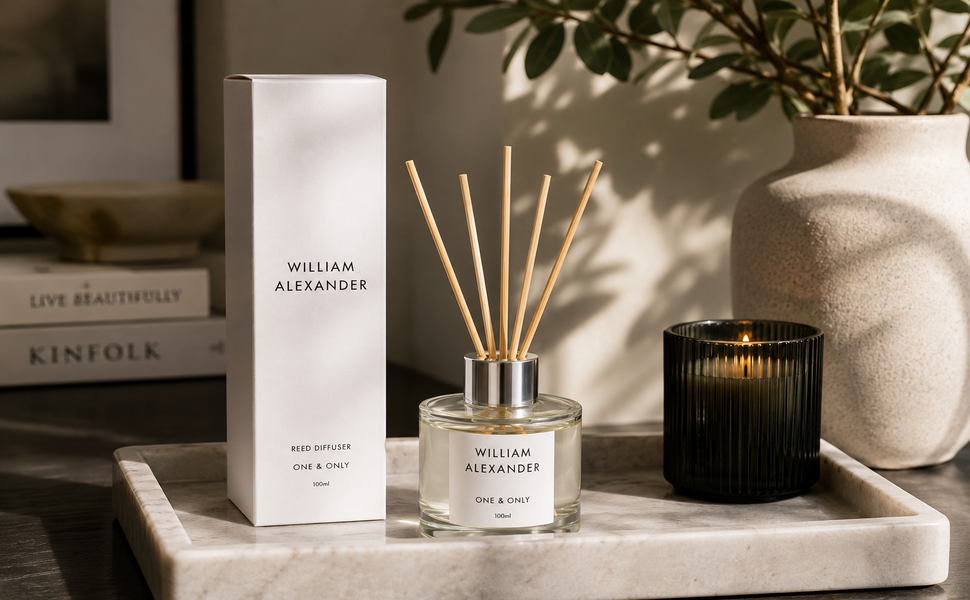 one and only 100ml reed diffuser with box on scenic setting in home
