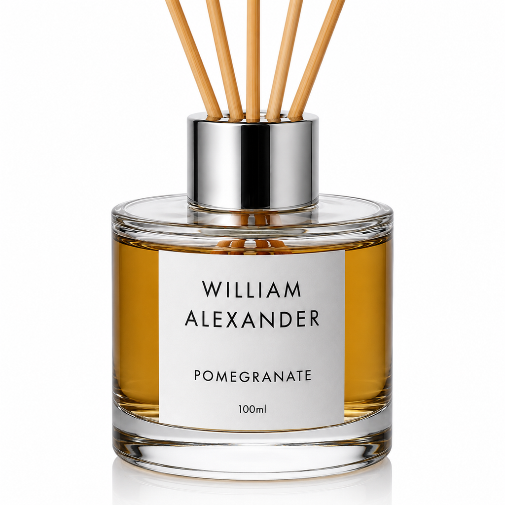 Pomegranate Reed Diffuser by William Alexander, dark spiced luxury home fragrance