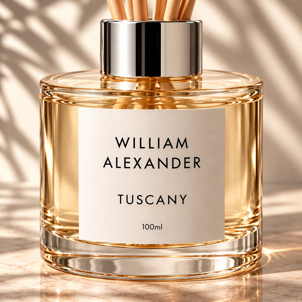 Close-up of the William Alexander Tuscan Fig & Cedar reed diffuser with natural rattan reeds and silver collar